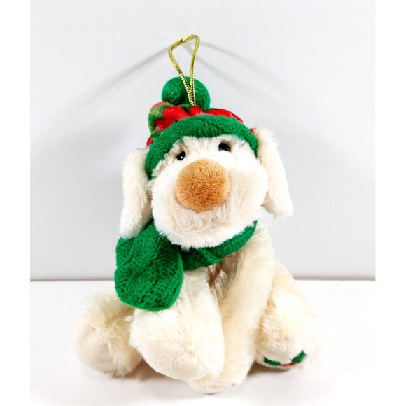 Hugfun Christmas Dog Plush Ornament Beige w/Green Red Hat Scarf 6" - Picture 1 of 4